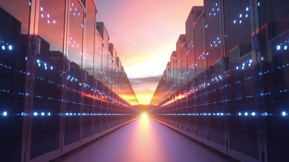 Servers at sunset, cloud technology concept. 3d rendering