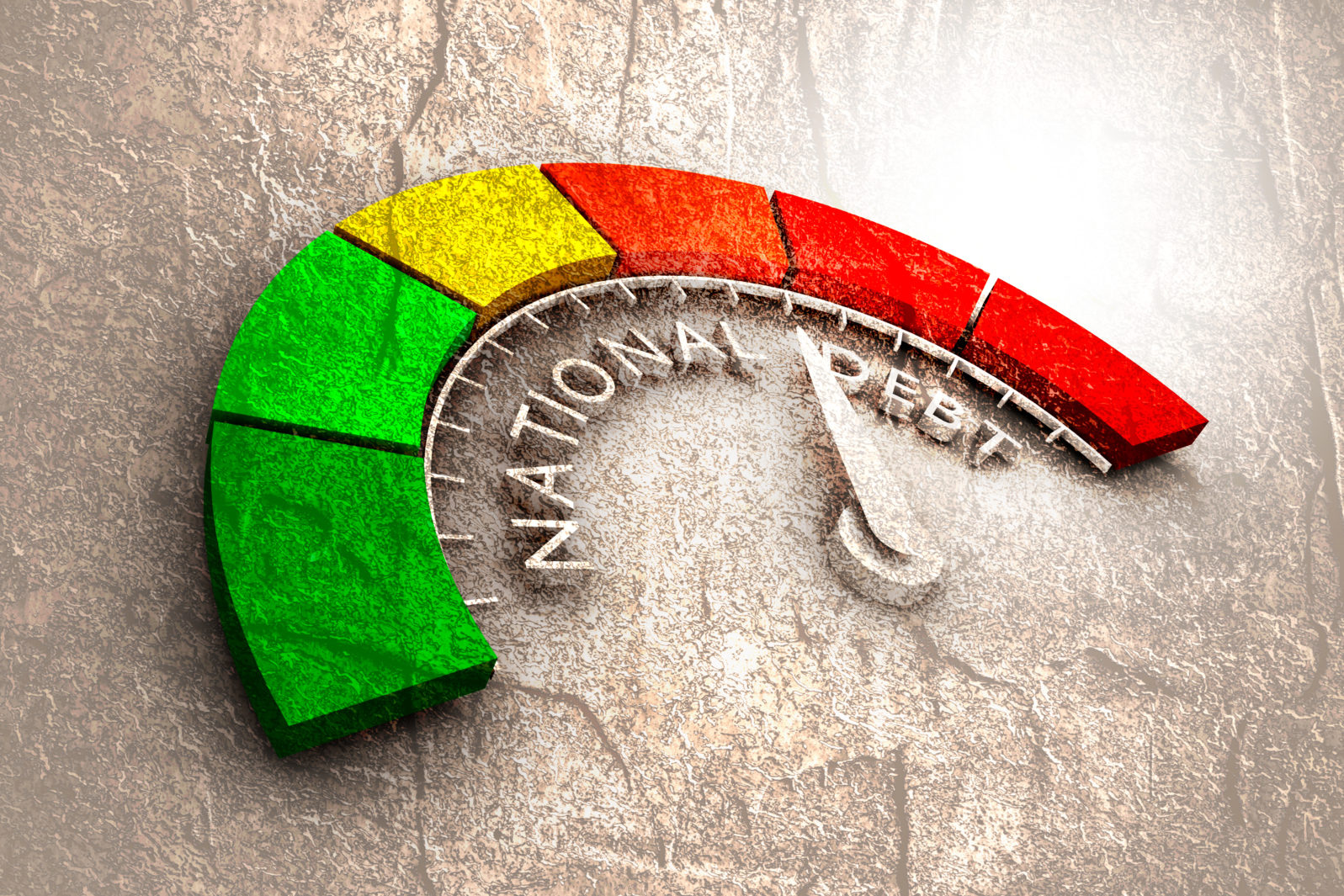 Cholesterol meter read high level of national debt result. Color scale with arrow from red to green. The measuring device icon. Colorful infographic gauge element.