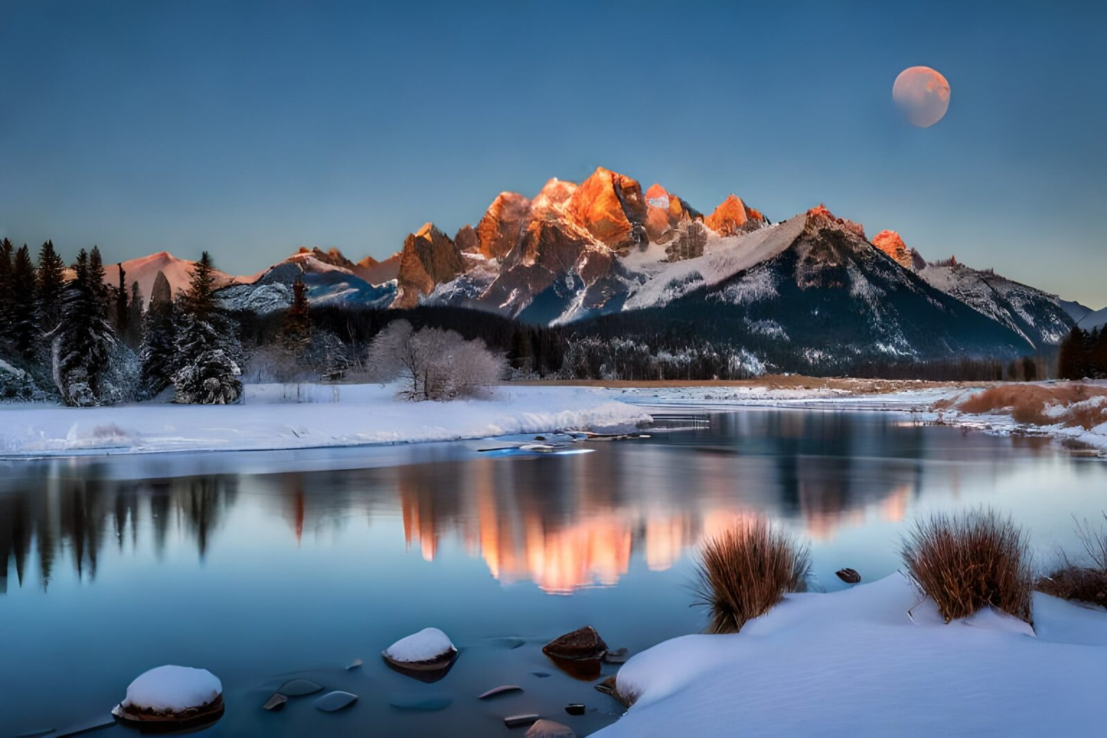 full moon setting over the bridger mountains in winter near bozeman, montana