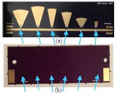 Fig. 2. - (a) Bottom of rf board. Arrows point to 3.075 mm x 0.5 mm silicon chiplets (b) top of rf board. Arrows point to 1 mm diameter vias which allow illumination of silicon chiplets. The lenses sit in these vias.